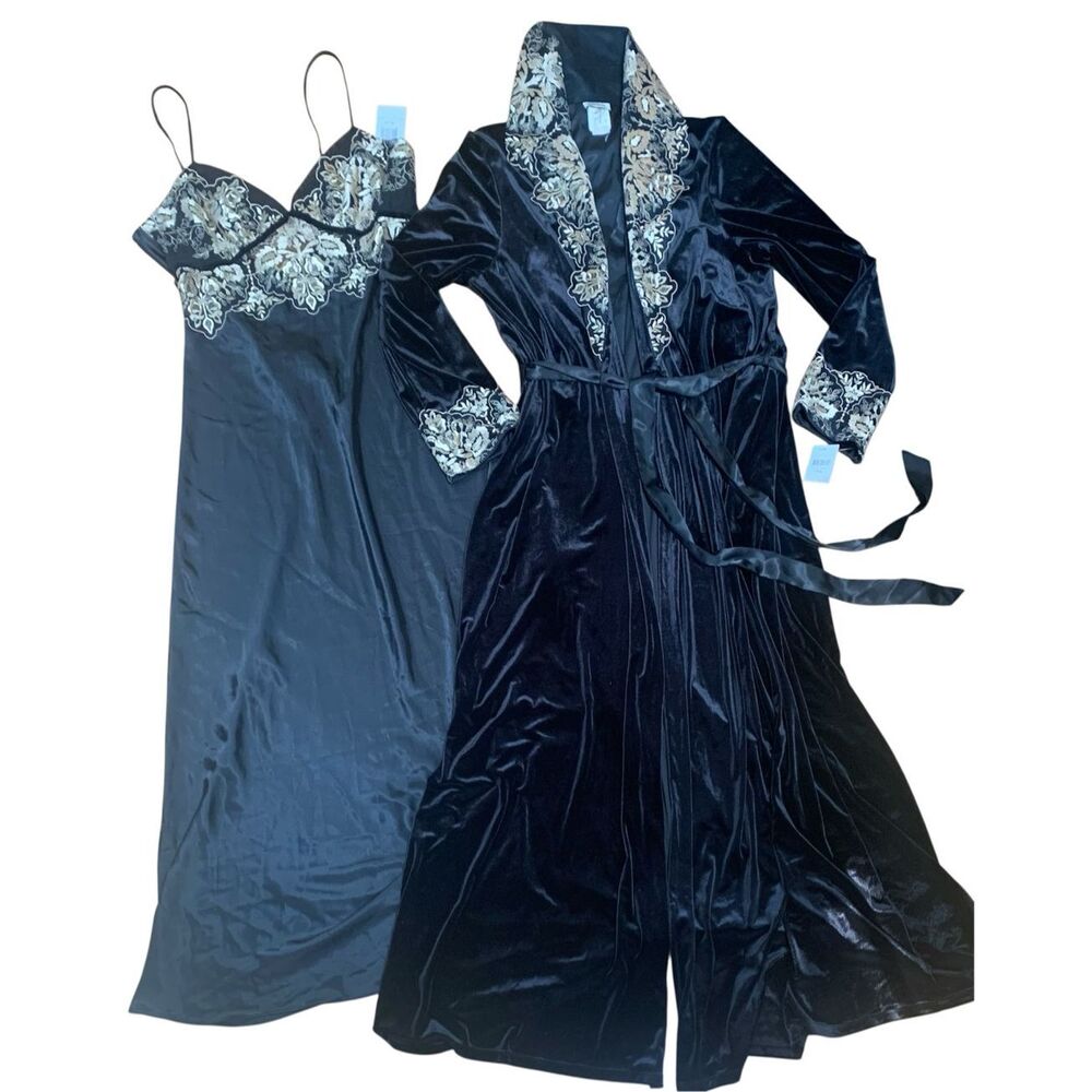 NEW NWT JONQUIL DIANE SAMANDI Black Gold GENEVA Nightgown & Robe Set sz M NEIMAN